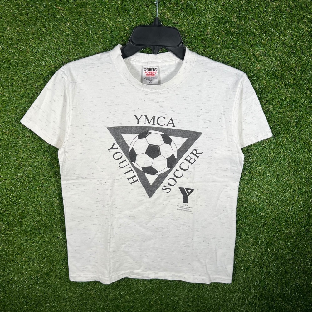 Vintage Oneita YMCA Youth Soccer T-Shirt Ash Gray Speckle Size L 14-16 USA Made